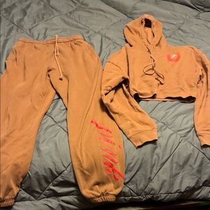 Pink Logo brown Cropped Hoodie and Joggers Set